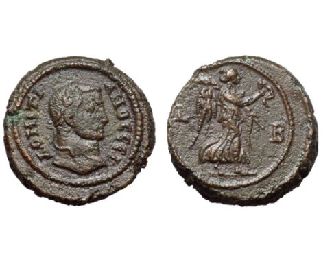 Domitius Domitianus BI Tetradrachm of Alexandria, Egypt. Dated year 2 = AD 297/8. ΔOMETIANOC CEB, laureate head right / Nike 