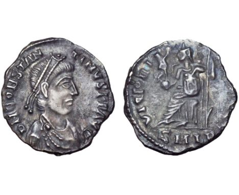 Constantine III AR Siliqua. Lugdunum, AD 408-411. D N CONSTANTINVS P F AVG, pearl-diademed, draped and cuirassed bust right /