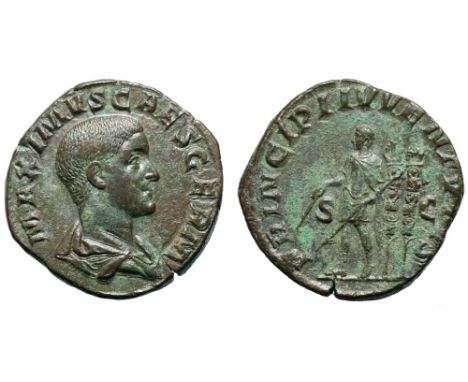 Maximus, as Caesar, Æ Sestertius. Rome, AD 236-238. MAXIMVS CAES GERM, bare-headed and draped bust right / PRINCIPI IVVENTVTI