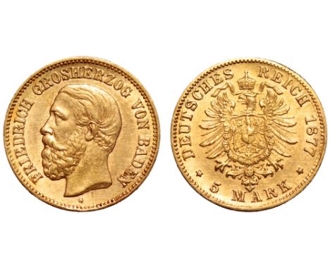 German Empire. Baden. Friedrich (1852-1907) AV 5 Marks. 1877. FRIEDRICH GROSHERZOG VON BADEN, bare head left; G below / DEUTC