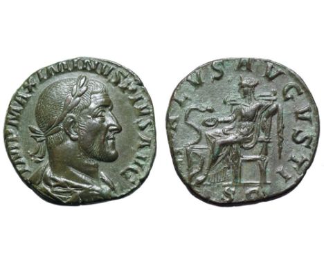 Maximinus I Æ Sestertius. Rome, AD 235-236. IMP MAXIMINVS PIVS AVG, laureate, draped and cuirassed bust right / SALVS AVGVSTI