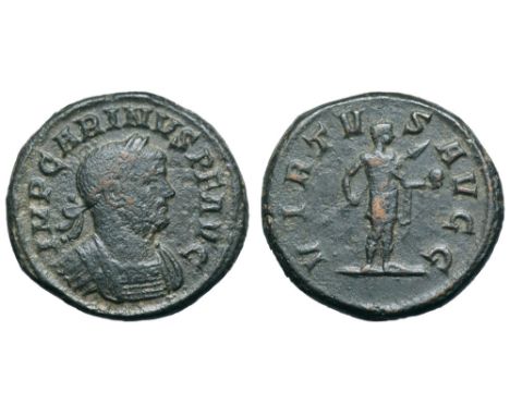 Carinus Æ As. Rome, AD 283-285. IMP CARINVS P F AVG, laureate and cuirassed bust right / VIRTVS AVGG, Emperor standing right,