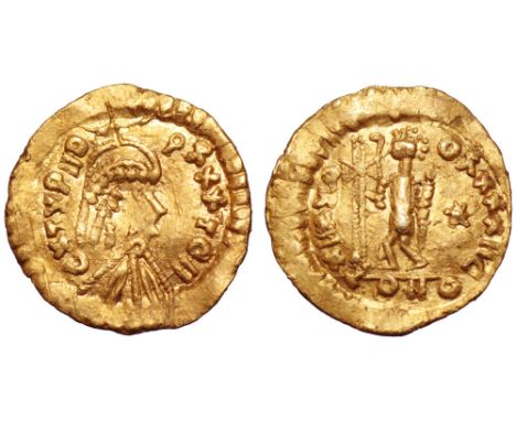 Gepids, Pseudo-Imperial coinage AV Tremissis. Late 5th centuries AD. CXTYPIIO-QXXXTOII, pearl-diademed, draped, and cuirassed