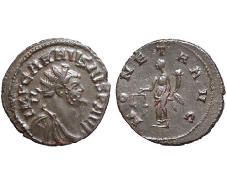 Carausius Æ Antoninianus. Londinium, AD 286-297. IMP CARAVSIVS P AVG, radiate, draped and cuirassed bust right / MONETA AVG, 