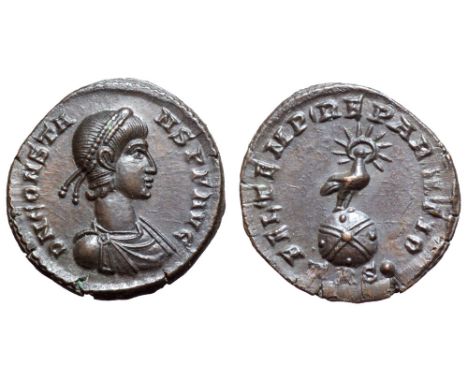 Constans Æ Half Centenionalis. AD 337-350. Trier, AD 348-350. D N CONSTANS P F AVG, pearl-diademed and draped bust right / FE