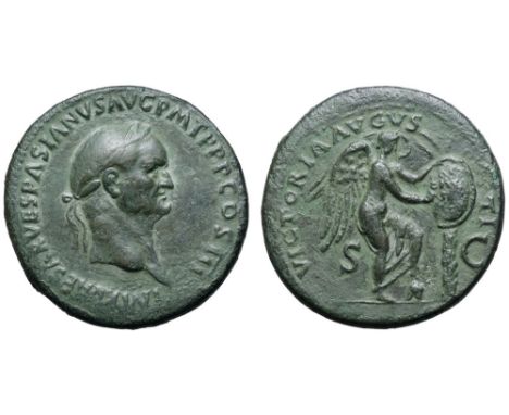 Vespasian Æ Sestertius. Rome, AD 71. IMP CAESAR VESPASIANVS AVG P M TR P P COS III, laureate head right / VICTORIA AVGVSTI, V