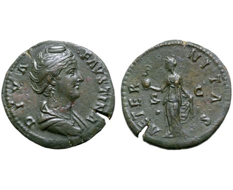 Diva Faustina I Æ Sestertius. Struck under Antoninus Pius, Rome, AD 146-161. DIVA FAVSTINA, draped bust right / AETERNITAS, A