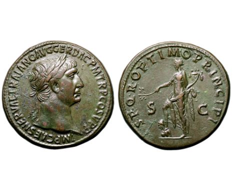 Trajan Æ Sestertius. Rome, AD 104/5-107. IMP CAES NERVAE TRAIANO AVG GER DAC P M TR P COS V P P, laureate bust right / SPQR O