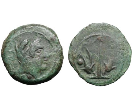 Etruria, Vetulonia Æ Sextans. 3rd century BC. Head of Nethuns right, wearing ketos headdress; •• (mark of value) to left / Or