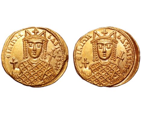 Irene AV Solidus. Constantinople, AD 797-802. EIPINH bASILISSH, crowned facing bust of Irene, wearing loros, holding globus c