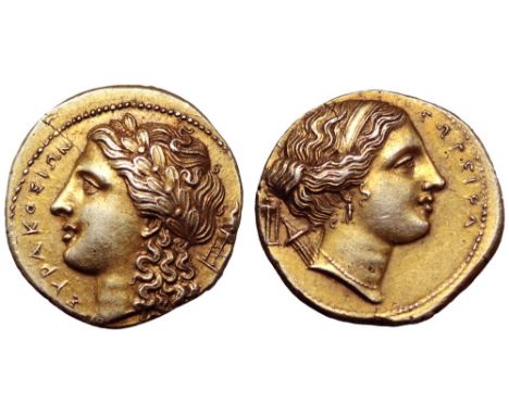 Sicily, Syracuse EL 100 Litrai. Agathokles, circa 304-289 BC. Laureate head of Apollo to left; tripod behind, ΣYPAKOΣIΩN befo