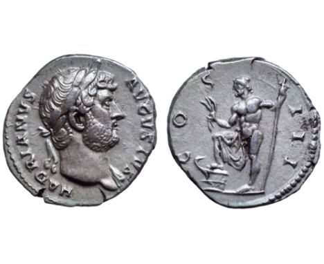 Hadrian AR Denarius. Rome, AD 125-128. HADRIANVS AVGVSTVS, laureate head right / COS III, Neptune standing left, right foot o