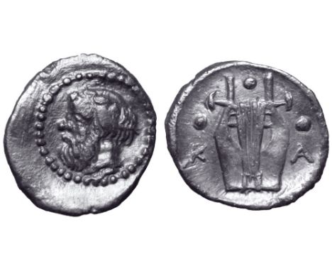 Sicily, Katane AR Tetras. Circa 455-450 BC. Bearded head of Silenos left / K-A flanking kithara; three pellets around. Boehri