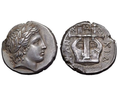 Macedon, Chalkidian League AR Tetradrachm. Olynthos, circa 420-355 BC. Aristonos, magistrate. Laureate head of Apollo right  