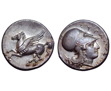 Sicily, Syracuse AR Stater. Time of Timoleon and the Third Democracy, circa 344-338 BC. Pegasos flying left / Head of Athena 