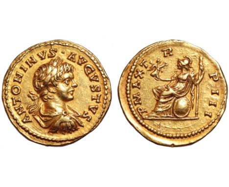 Caracalla AV Aureus. Laodicea ad Mare, AD 200. ANTONINVS AVGVSTVS, laureate and draped bust right / P MAX TR P III, Roma seat