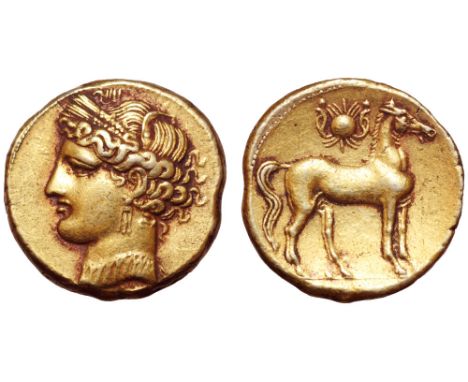 North Africa, Carthage EL Trihemistater. First Punic War, circa 264-241 BC. Head of Tanit left, wearing wreath of grain ears,