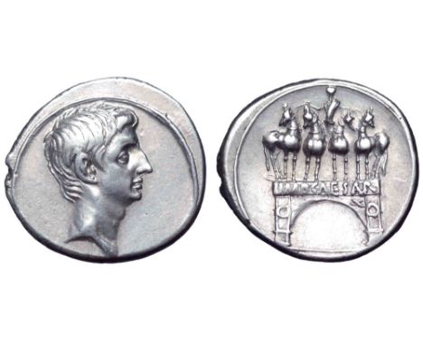 Octavian AR Denarius. Rome, 29-27 BC. Bare head of Octavian right / IMP CAESAR, on architrave of arch surmounted by facing qu