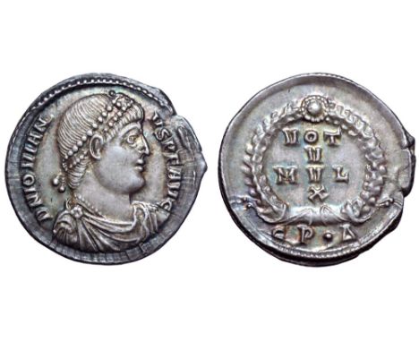 Jovian AR Siliqua. Constantinople, AD 363-364. D N IOVIANVS P F AVG, pearl-diademed, draped and cuirassed bust right / Laurel