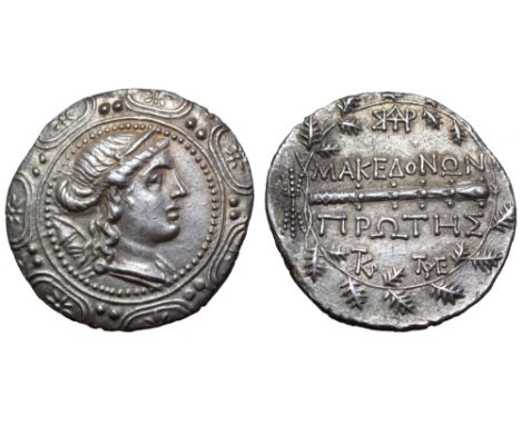 Macedon under Roman Rule, First Meris AR Tetradrachm. Amphipolis, 167-149 BC. Diademed and draped bust of Artemis right, bow 