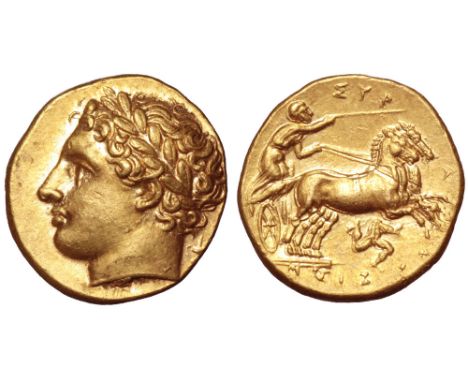 Sicily, Syracuse AV Dekadrachm - 50 Litrai. Time of Agathokles, circa 317-310 BC. Laureate head of Apollo left; kantharos beh