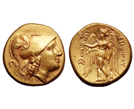 Kingdom of Macedon, Philip III Arrhidaios AV Stater. Lampsakos, 323-317 BC. Helmeted head of Athena right, wearing crested Co