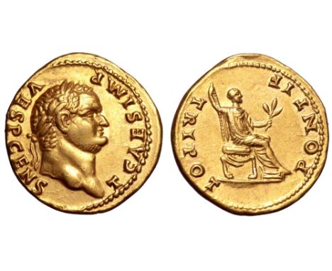 Titus, as Caesar, AV Aureus. Rome, AD 73. T CAES IMP VESP CENS, laureate head right / PONTIF TRI POT, Titus, togate, seated r