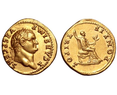 Titus, as Caesar, AV Aureus. Rome, AD 73. T CAES IMP VESP CENS, laureate head right / PONTIF TRI POT, Titus, togate, seated r