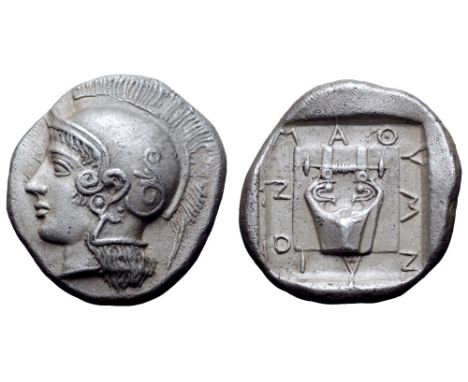 Lesbos, Methymna AR Stater. Circa 420-377 BC. Head of Athena left, wearing crested helmet ornamented with vine tendrils, ivy 