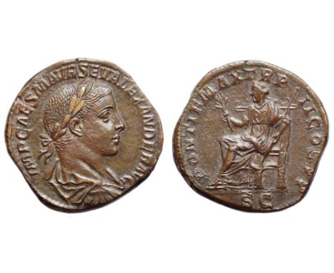 Severus Alexander Æ Sestertius. Rome, AD 223. IMP CAES M AVR SEV ALEXAND AVG, laureate, draped and cuirassed bust right / PON