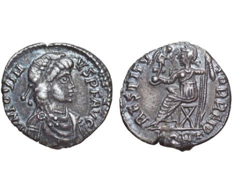 Jovinus AR Siliqua. Arelate, AD 411-413. D N IOVINVS P F AVG, pearl-diademed, draped and cuirassed bust right / RESTITVTOR RE