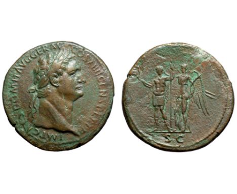 Domitian Æ Sestertius. Rome, AD 88-89. IMP CAES DOMIT AVG GERM COS XIIII CENS PER P P, laureate head right / Domitian standin