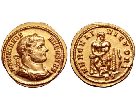 Maximianus AV Aureus. Rome, AD 293-294. MAXIMIANVS AVGVSTVS, laureate, draped and cuirassed bust right / HERCVLI VICTORI, Her