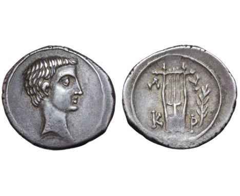 Augustus AR Drachm of the Lycian League. Cragus, circa 27-20 BC. Bare head right / Lyre; laurel branch in right field, Λ-Y an
