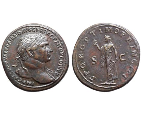 Trajan Æ Sestertius. Rome, AD 103-111. IMP CAES NERVAE TRAIANO AVG GER DAC P M TR P COS V P P, laureate bust right, slight dr