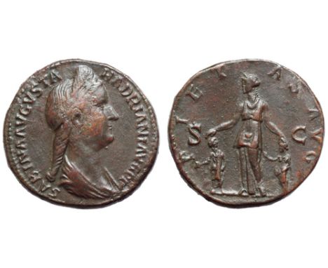 Sabina Æ Sestertius. Rome, AD 128-136. SABINA AVGVSTA HADRIANI AVG P P, diademed and draped bust right, hair in long tail at 