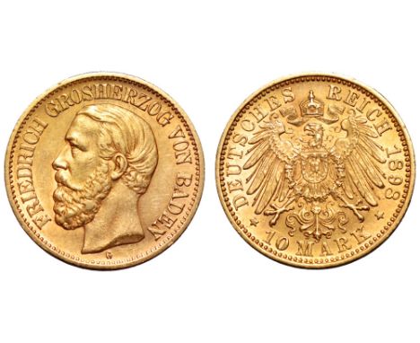 German Empire. Baden. Friedrich (1852-1907) AV 10 Marks. 1898. FRIEDRICH GROSHERZOG VON BADEN, bare head left; G below / DEUT