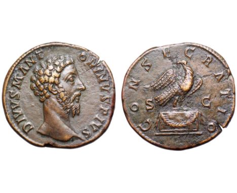 Divus Marcus Aurelius Æ Sestertius. Struck under Commodus in Rome, AD 180. DIVVS M ANTONINVS PIVS, bare head right / CONSECRA