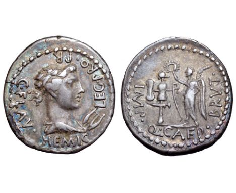 Q. Servilius Caepio (M. Junius) Brutus and C. Flavius Hemicullus AR Denarius. Military mint moving with Brutus, 43-42 BC. Dra