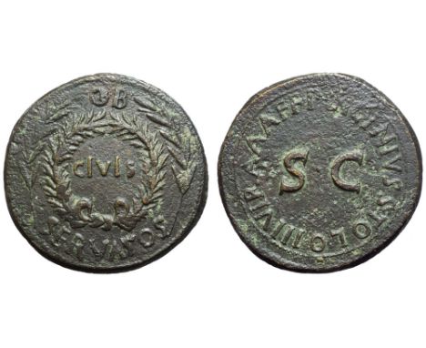 Augustus Æ Sestertius. Rome, circa 17 BC. P. Licinius Stolo, moneyer. OB CIVIS SERVATOS above, below and within oak wreath be
