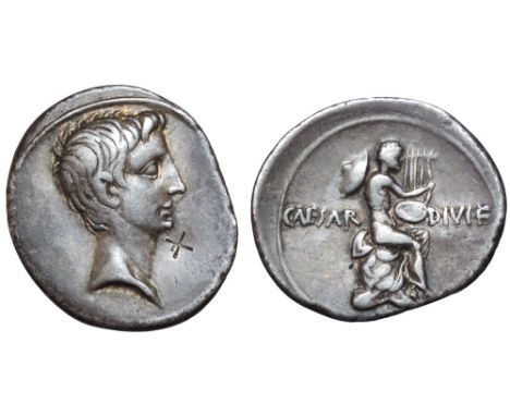 Octavian AR Denarius. Brundisium or Rome, 32-27 BC. Bare head right / Apollo Actius seated right on Actium's rock, with petas