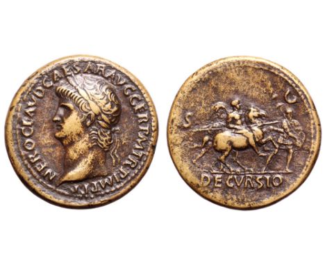 Nero Æ Sestertius. Rome, AD 64. NERO CLAVD CAESAR AVG GER P M TR P IMP P P, laureate head left / Emperor with couched spear r