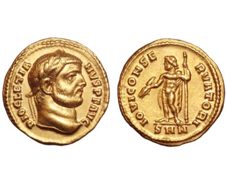 Diocletian AV Aureus. Nicomedia, AD 284. DIOCLETIANVS P F AVG, laureate head right / IOVI CONSERVATORI, Jupiter standing left