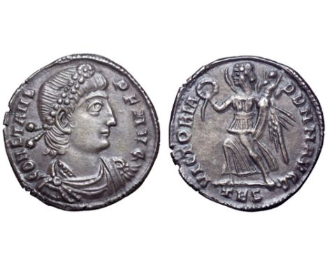 Constans AR Siliqua. Thessalonica, AD 340-350. CONSTANS P F AVG, pearl-diademed, draped and cuirassed bust right / VICTORIA D