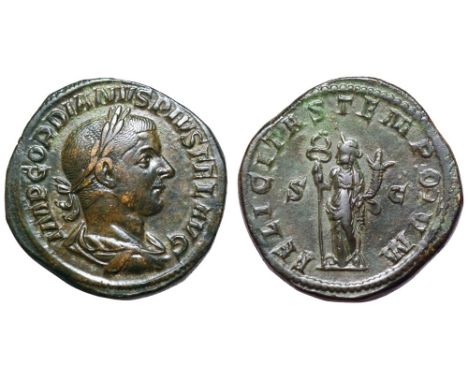 Gordian III Æ Sestertius. Rome, AD 240-244. IMP GORDIANVS PIVS FEL AVG, laureate, draped, and cuirassed bust right / FELICITA