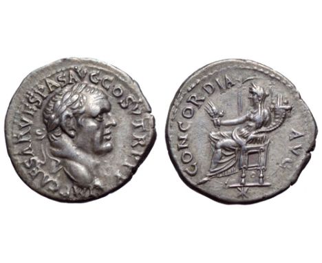 Vespasian AR Denarius. Ephesus, AD 74. IMP CAESAR VESPAS AVG COS V TR P P P, laureate head right / CONCORDIA AVG, Ceres seate
