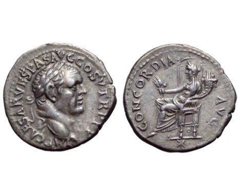 Vespasian AR Denarius. Ephesus, AD 74. IMP CAESAR VESPAS AVG COS V TR P P P, laureate head right / CONCORDIA AVG, Ceres seate