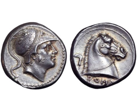 Anonymous AR Didrachm. Rome, circa 240 BC. Head of Mars right, wearing Corinthian helmet adorned with griffin / Horse's head 