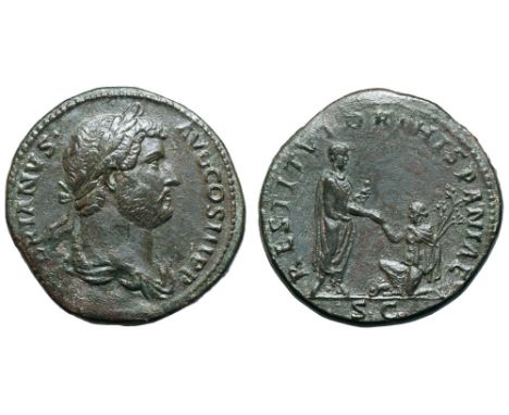 Hadrian Æ Sestertius. Rome, AD 134-138. HADRIANVS AVG COS III P P, laureate and draped bust right / RESTITVTORI HISPANIAE, Ha