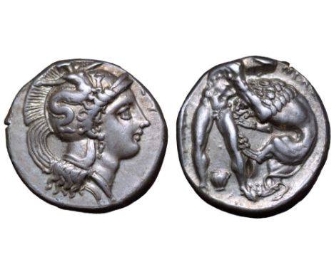 Lucania, Herakleia AR Stater. Circa 330 BC. Head of Athena right, wearing single-pendant earring, necklace, and crested Attic